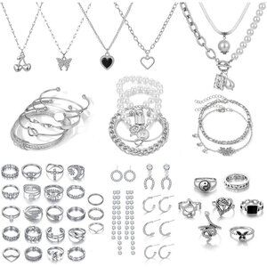 53 pcs Silver Jewelry Set with Necklaces Rings Earrings Bracelets for Women